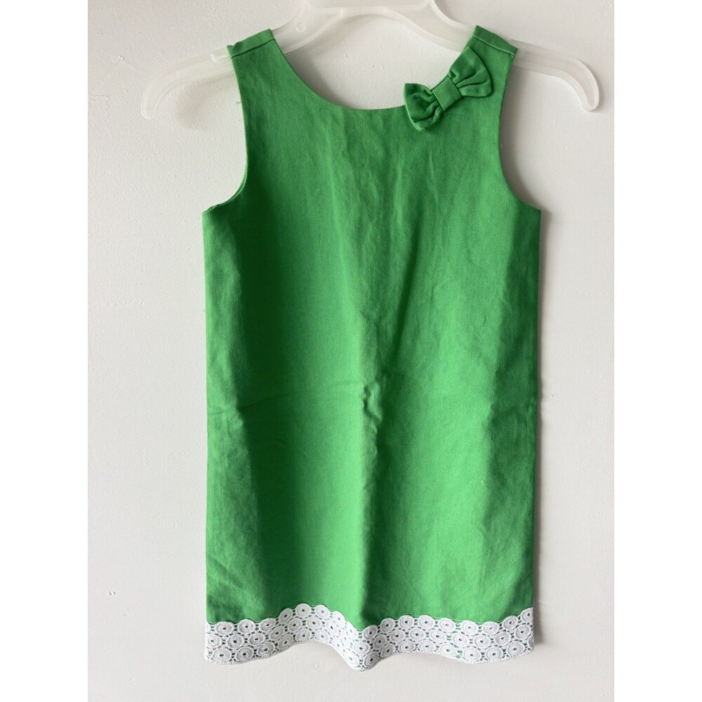 Janie and Jack Girls Green Pique Dress White Crochet Lace Trim Bow Back Size 8